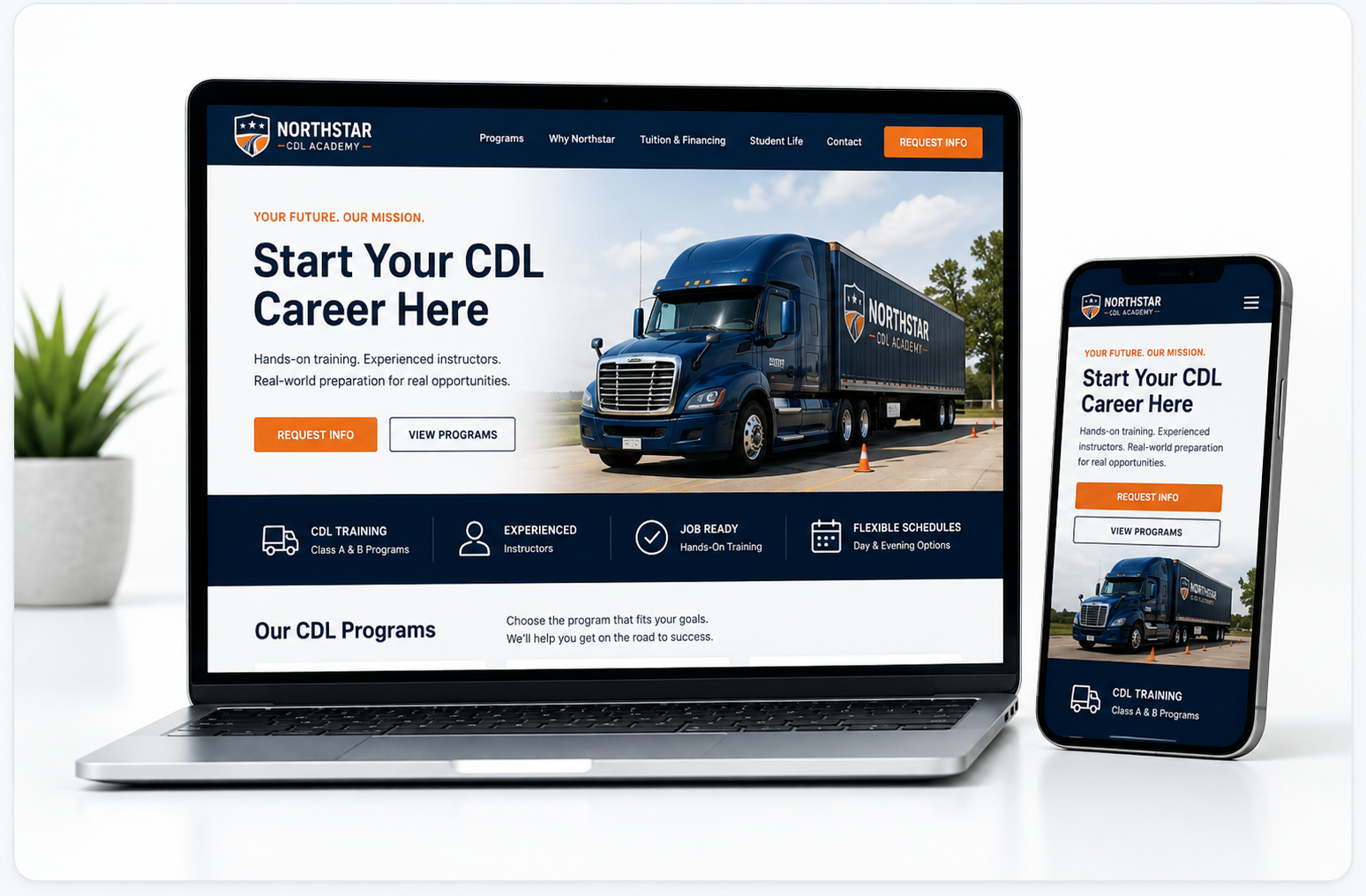 CDL school website shown on a laptop and phone