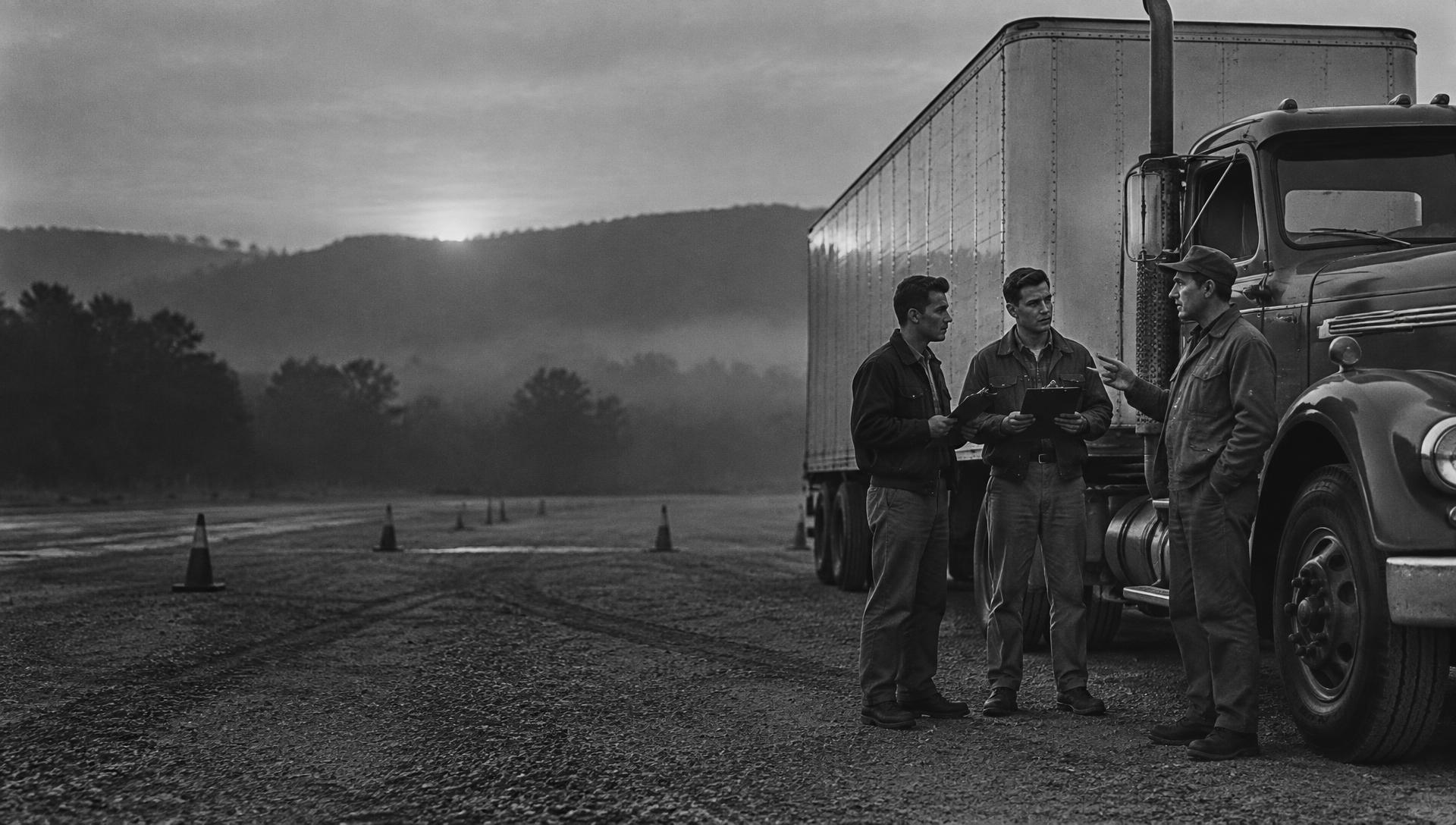 Black-and-white photo of a CDL instructor coaching two student drivers beside a tractor-trailer on a training yard