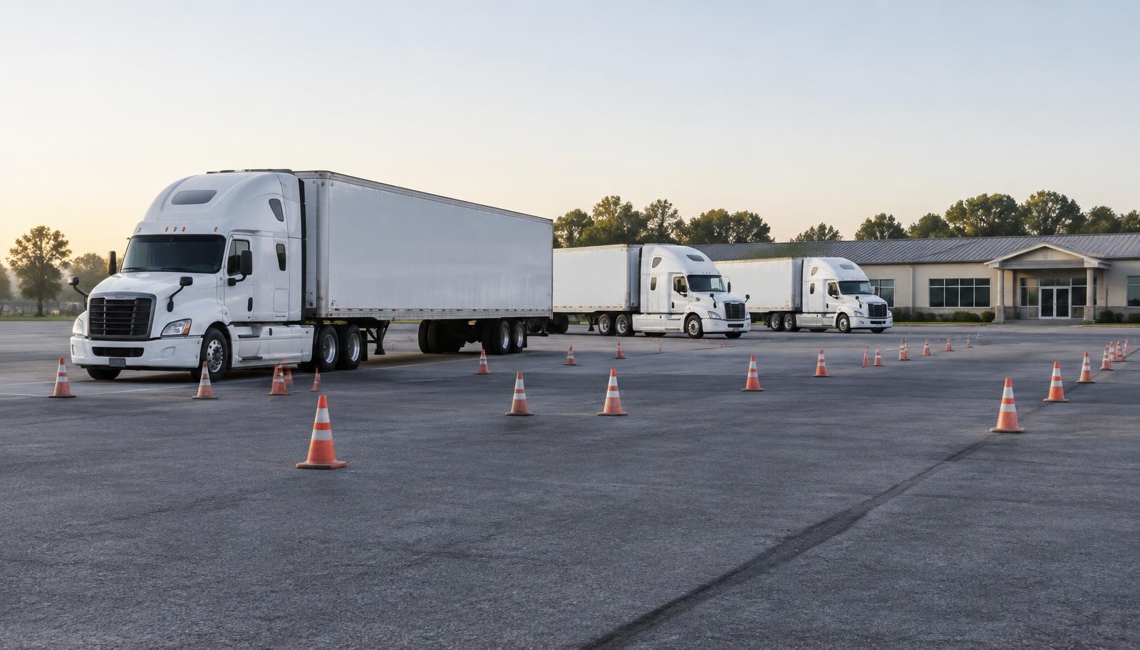 Parked tractor-trailers and training cones on a quiet private CDL school driving range
